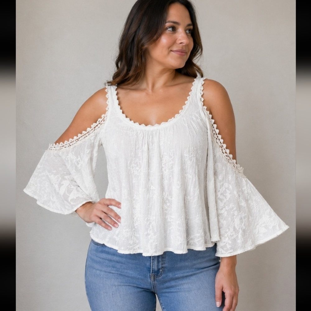 Elegant Floral Embroidered Lace Cold Shoulder Bell Sleeves Top WILD MOSS Medium